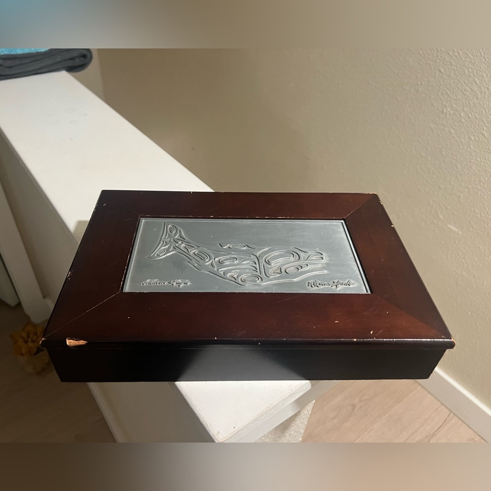 Salmon & Eagle Artist Roxana Leask Pewter Whale Orca Wood Trinket Box